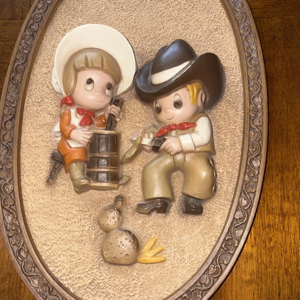 Vintage Pair of 2 Homco Hubbell Oval Wall Plaques with Cute Cowboy & Cowgirl